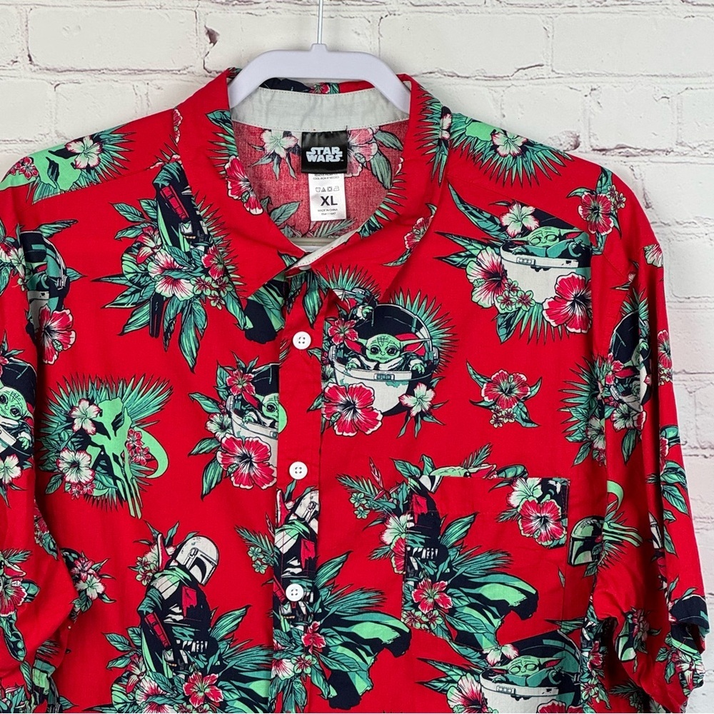 Star Wars Red Floral Baby Yoda Mandalorian Men's Hawaiian Camp Shirt XL Cotton
